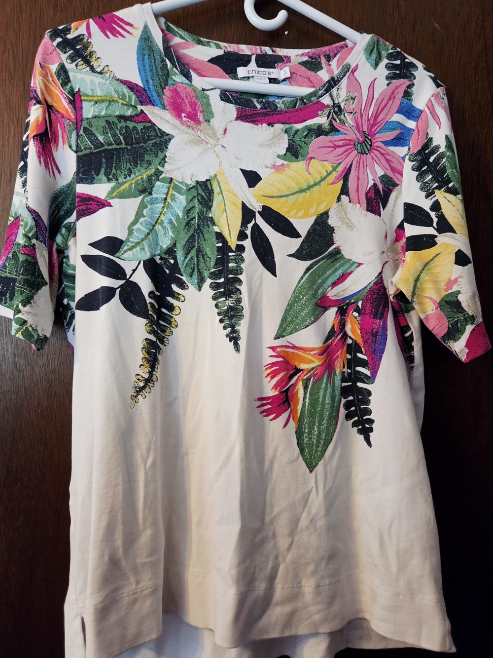 Chico's Tropical Floral Short Sleeve Tee in White with Pink, Yellow & Green